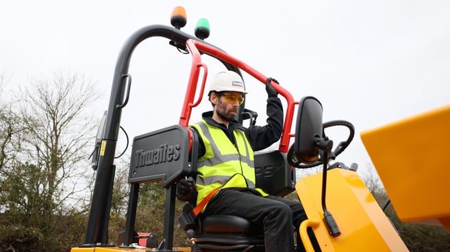 Thwaites ROPS+ 6 ton dumper, close up of seated operator using the 'halo' system