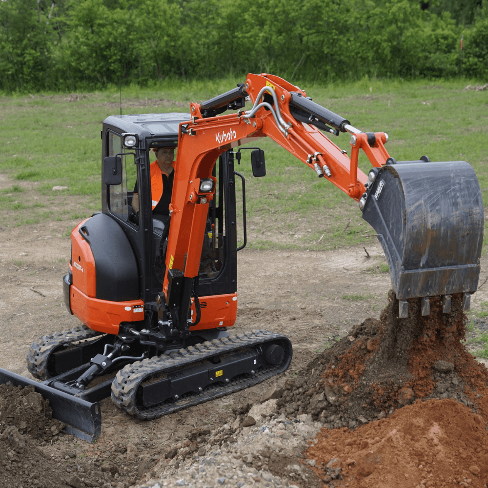 Kubota KX037-4 excavator onsite side view bucket empty
