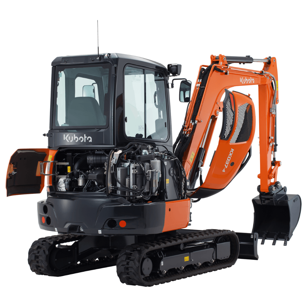 Kubota KX037-4 excavator studio rear with bonnet open