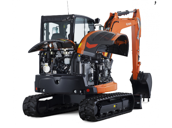 Kubota KX060-5 excavator with bonnets open Kubota KX060-5 excavator with bonnets open
