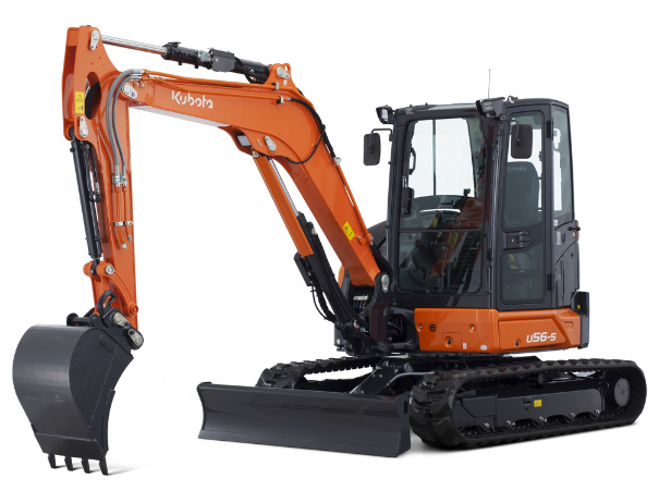 Kubota U56 excavator left side, arm extended 