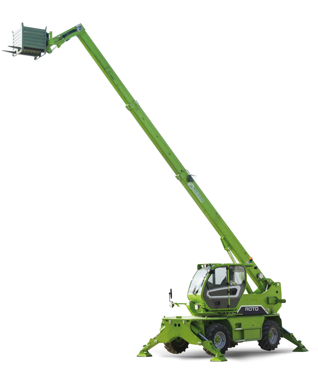 Merlo ROTO40.16 S, the smallest of the rotating telehandlers. Pictured with boom extended and front and back stabilisers.