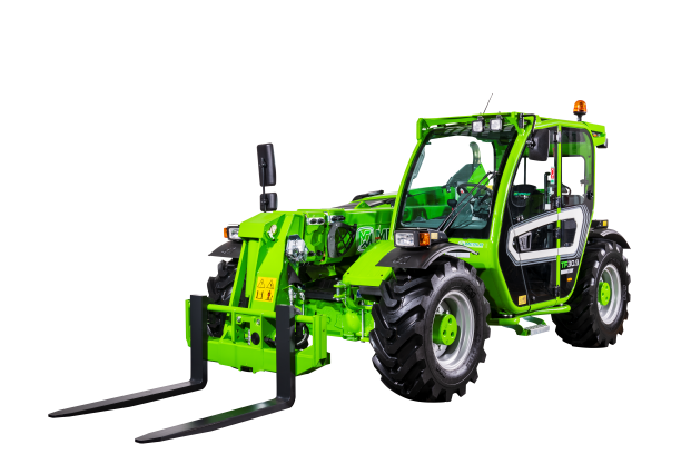 Merlo TF30.9G compact telehandler. Pictured with pallet forks attached which come as standard