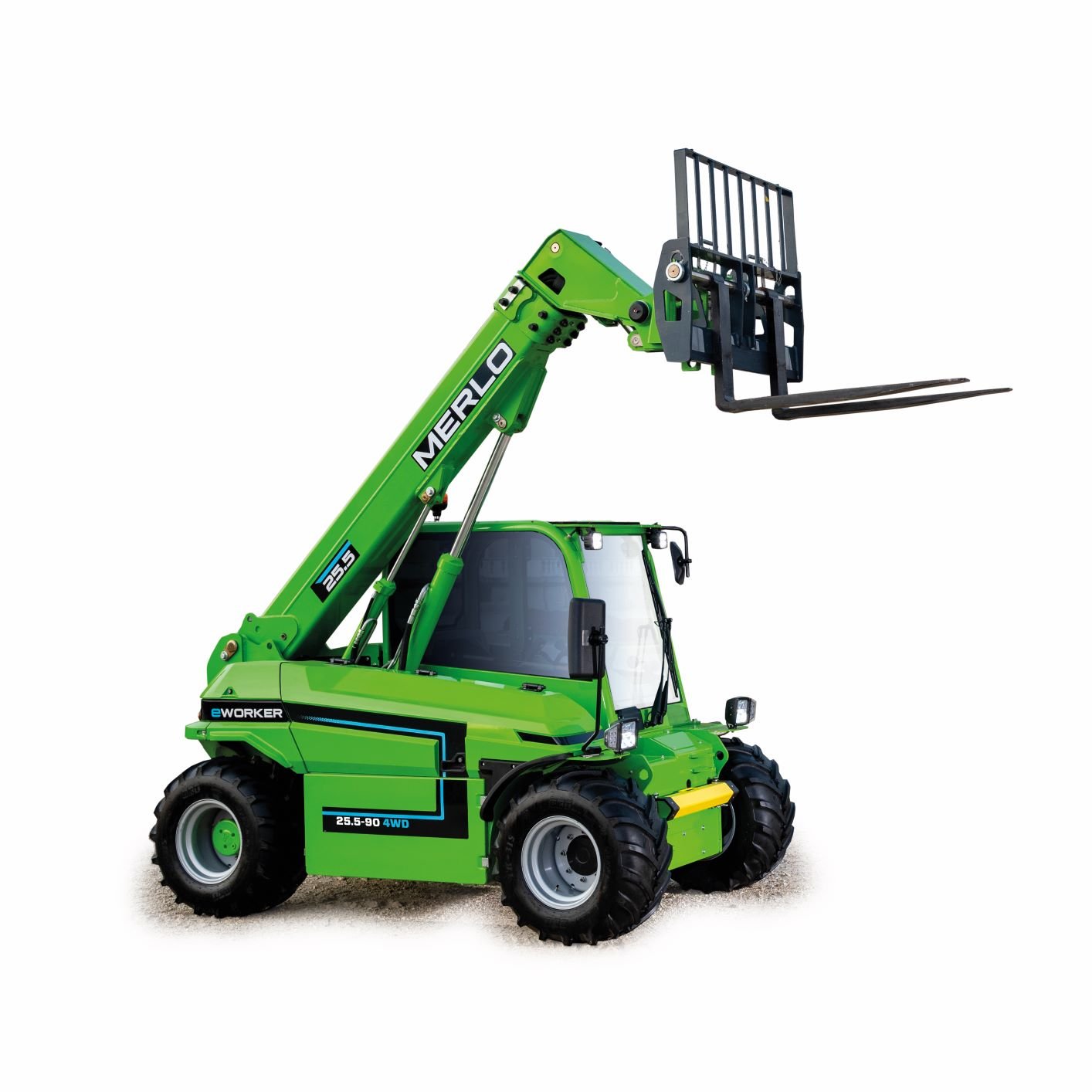 The Merlo eWorker 25.5 90 electric telehandler. With floating pallet forks attached. Cut out image, no background