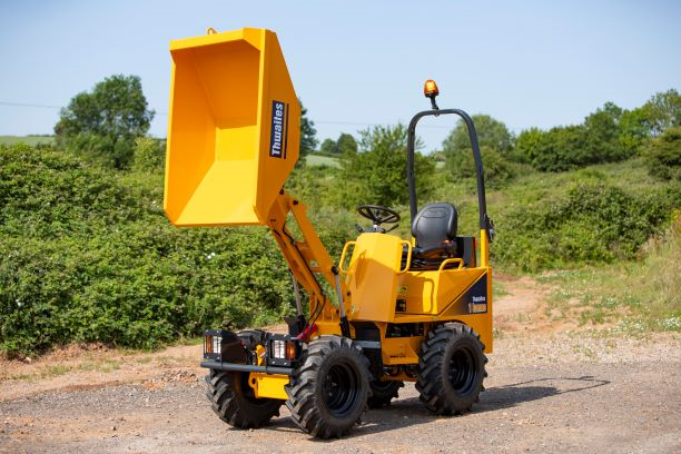 Thwaites 1 Tonne Hi Tip dumper with skip in the air and fully tilted