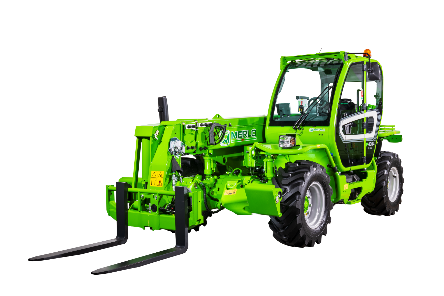 Merlo P40.14 stabilised telehandler cut out with pallet forks attached