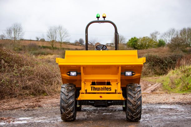 Thwaites 6 Tonne Front Tip dumper from the front, fitted with road lights which are an optional extra