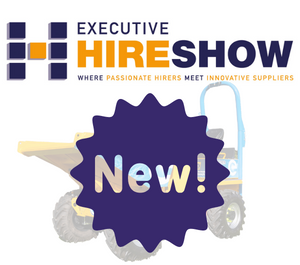Executive Hire show logo with the new Thwaites electric 3 tonne dumper below, hiding behind a badge that says New!
