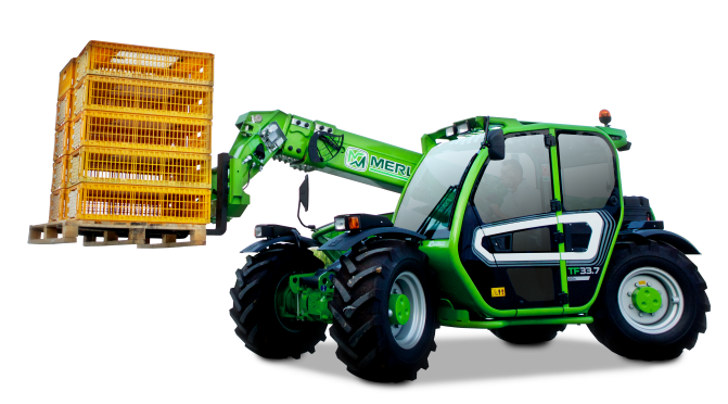 Merlo TF33.7G compact telehandler with pallet forks attached.