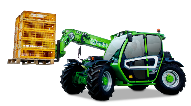 Merlo TF33.7G compact telehandler with pallet forks attached.