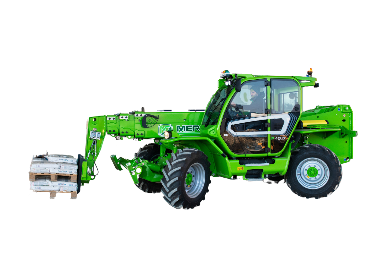 Merlo P40.17 PLUS stabilised telehandler, cut out. Carrying a pallet