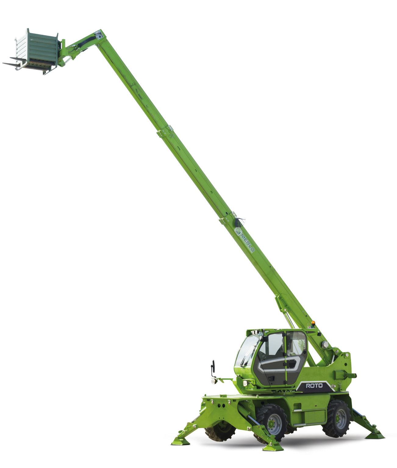 Merlo ROTO40.16 S, the smallest of the rotating telehandlers. Pictured with boom extended and front and back stabilisers.