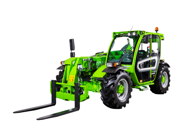 Merlo TF30.9G compact telehandler. Pictured with pallet forks attached which come as standard