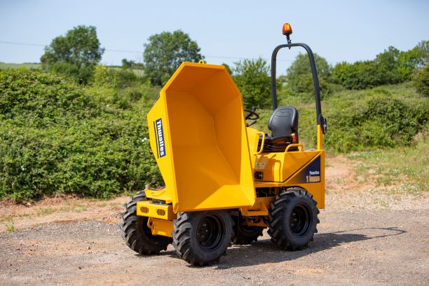 Thwaites 1 tonne power swivel site dumper. Shown with skip rotated and tilted